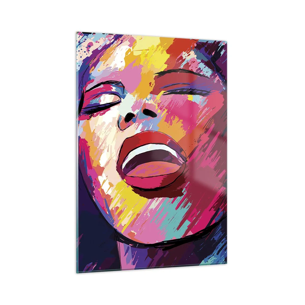 Glasbild - Bild auf glas - Abstraktes Frauenporträt in intensiven Farben - 50x70cm - Sing mein ganzes Leben - Moderne Wanddekoration für Wohnzimmer und Schlafzimmer ARTTOR