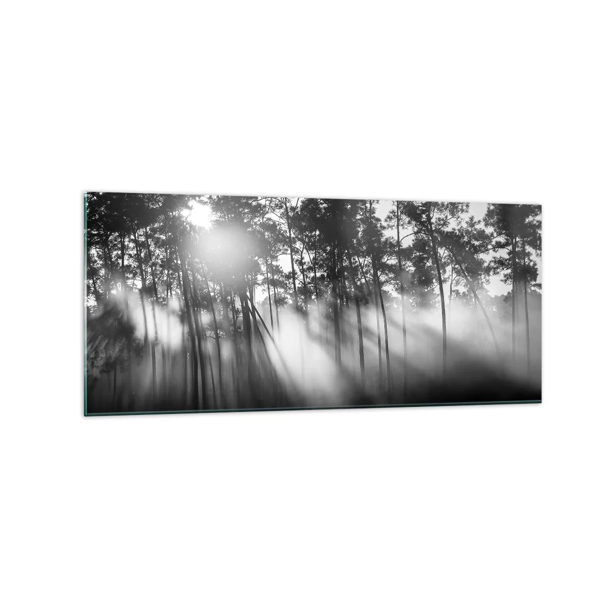 Glasbild - Bild auf glas - Schwarz-weißer Wald im Morgennebel - 120x50cm - Unaufhaltsame Sonne - Moderne Wanddekoration für Wohnzimmer und Schlafzimmer ARTTOR