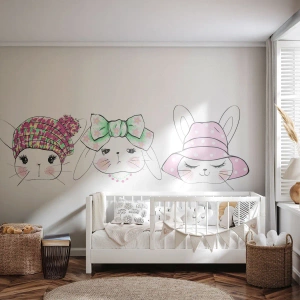 Fototapete Premium Sand - Zarte Illustrationen von Häschen mit kunstvollen Kopfbedeckungen - 100x70cm - Nachdenklich, traurig, zufrieden - Moderne Wanddekoration für Wohnzimmer und Schlafzimmer ARTTOR