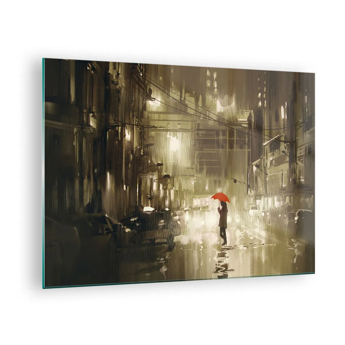 Glasbild - Bild auf glas - Person mit rotem Regenschirm im regnerischen Stadtlicht bei Nacht - 70x50cm - Allein aber nicht einsam - Moderne Wanddekoration für Wohnzimmer und Schlafzimmer ARTTOR