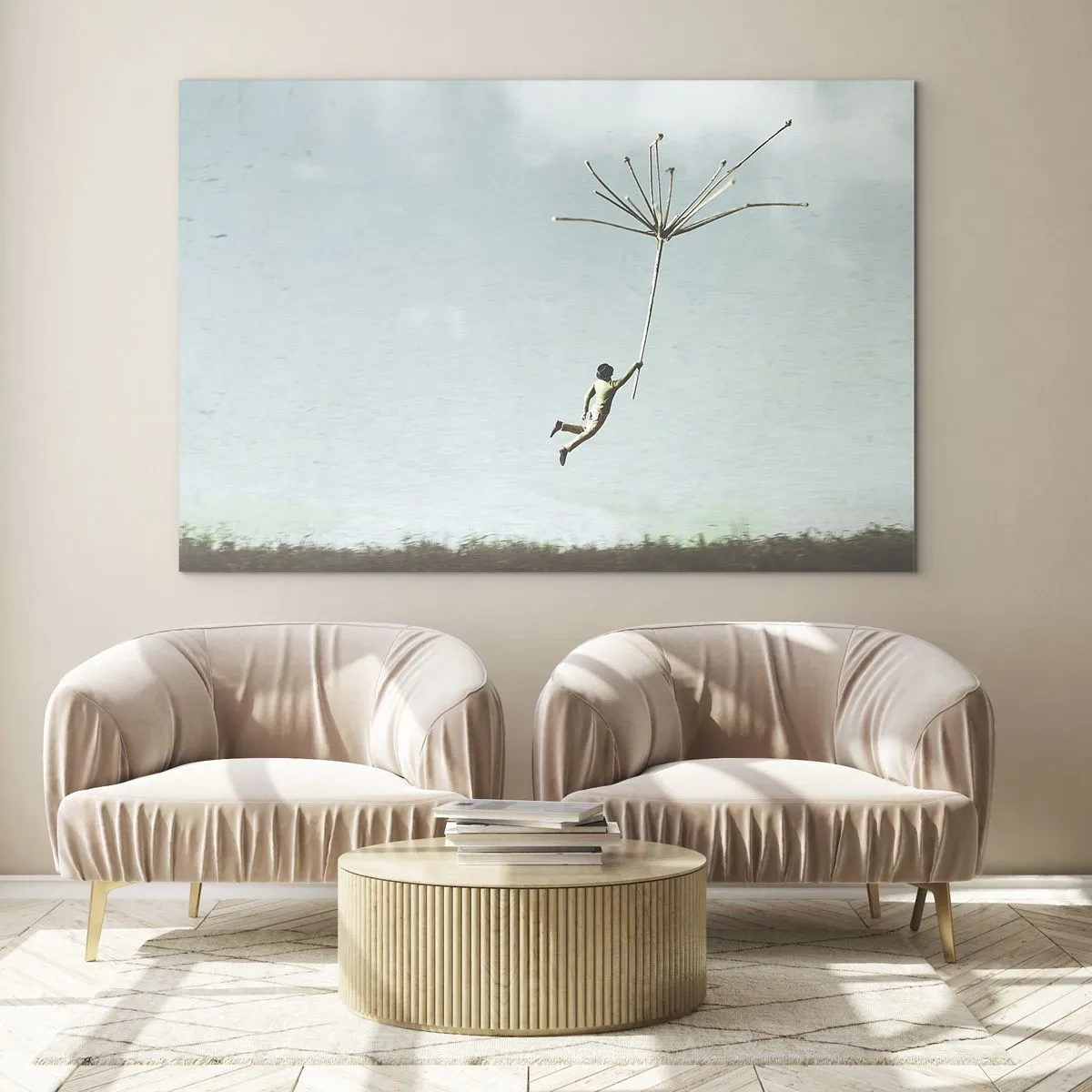 Glasbild - Bild auf glas - Ein Junge fliegt mit einem Löwenzahnsamen über eine Wiese - 70x50cm - Drachen, Löwenzahn, Wind - Moderne Wanddekoration für Wohnzimmer und Schlafzimmer ARTTOR