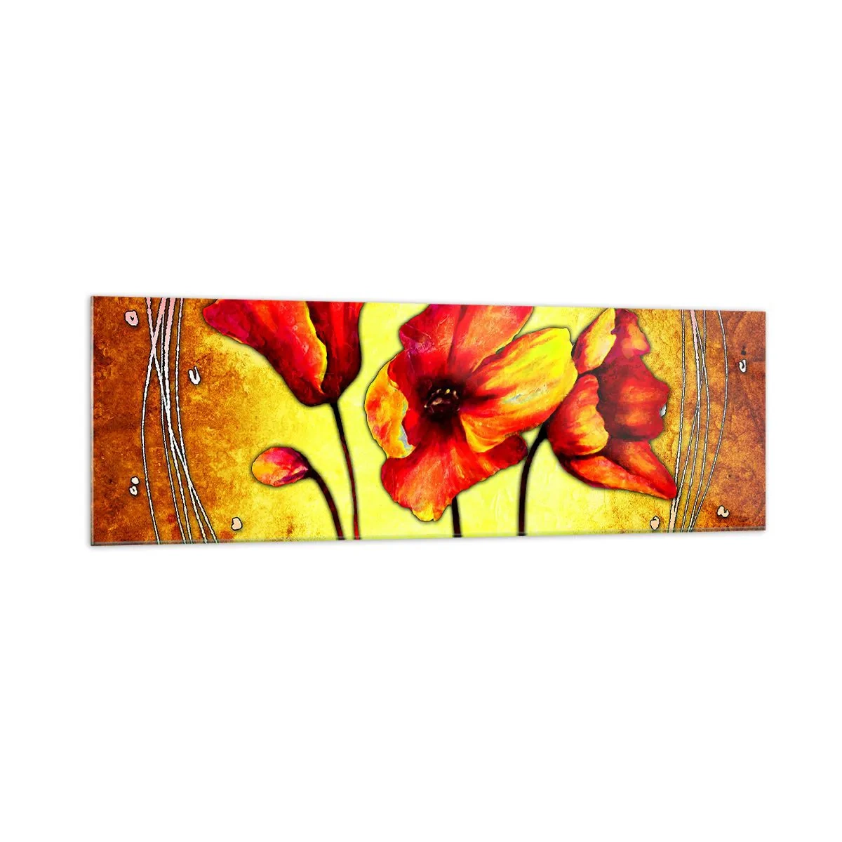 Glasbild - Bild auf glas - Rote und gelbe Blumen auf goldenem Hintergrund mit dekorativen Mustern - 160x50cm - In Jugendstil-Dekorationen - Moderne Wanddekoration für Wohnzimmer und Schlafzimmer ARTTOR