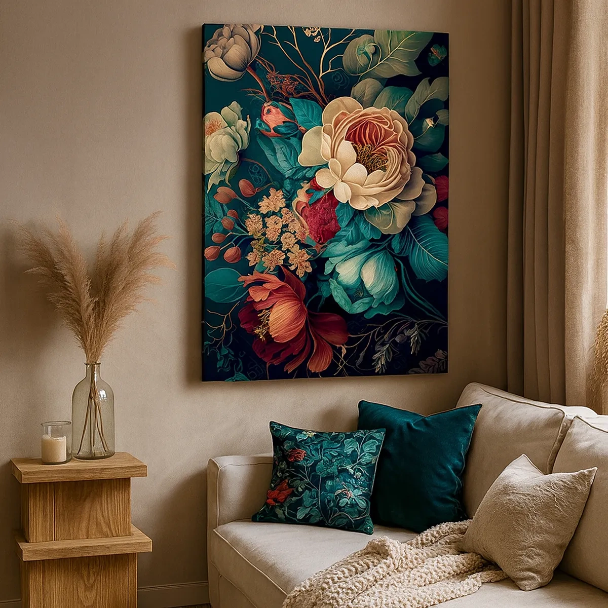 Bild auf Leinwand - Leinwandbild - Eine farbenfrohe Blumenkomposition auf dunklem Hintergrund - 50x70cm - Charme des 19. Jahrhunderts - Moderne Wanddekoration für Wohnzimmer und Schlafzimmer ARTTOR