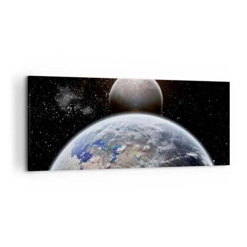Bild auf Leinwand - Leinwandbild - Planet Erde und Mond vor dem Hintergrund des sternenklaren Weltraums. - 120x50cm - Weltraumlandschaft - Sonnenaufgang - Moderne Wanddekoration für Wohnzimmer und Schlafzimmer ARTTOR