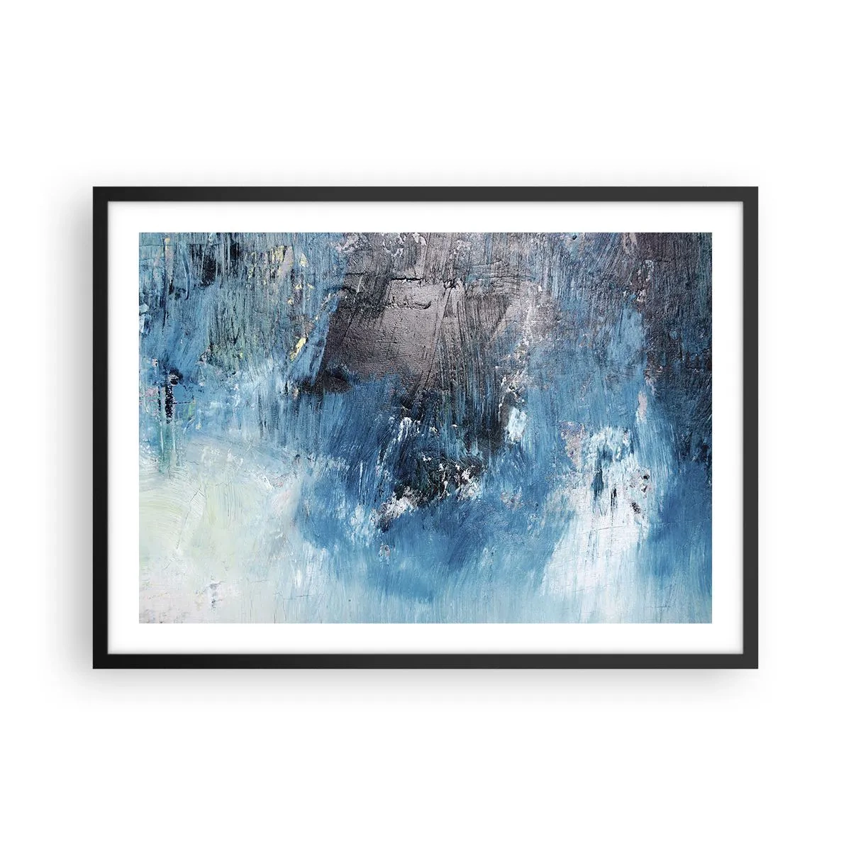 Poster in einem schwarzem Rahmen - Abstrakte Pinselstriche in Blautönen - 70x50cm - Rhapsodie in Blau - Moderne Wanddekoration für Wohnzimmer und Schlafzimmer ARTTOR