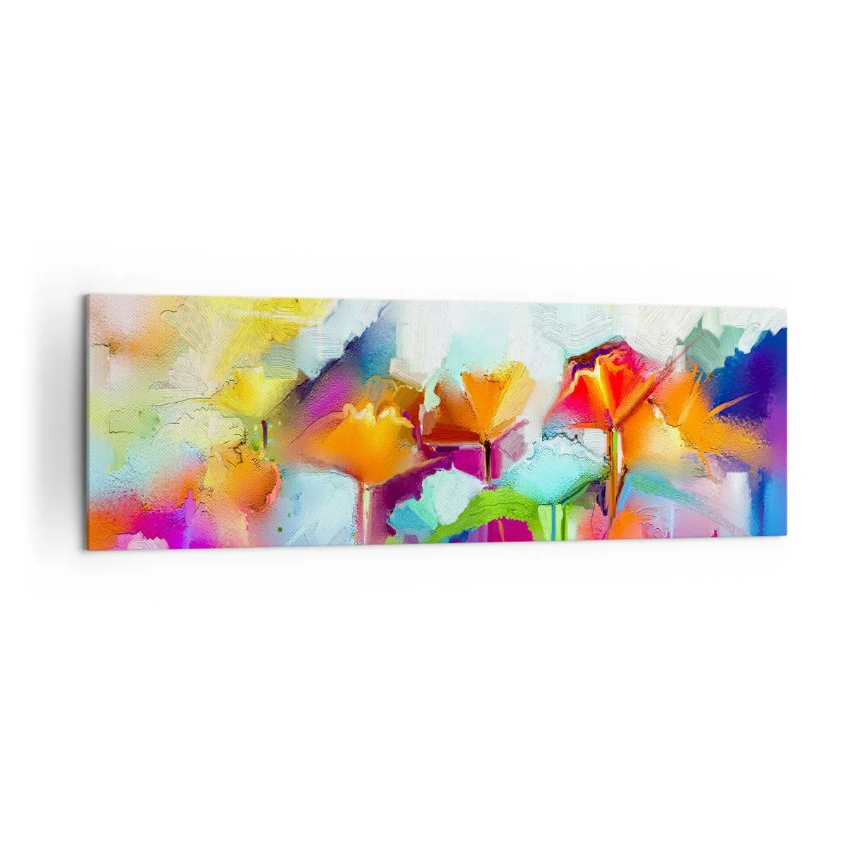 Bild auf Leinwand - Leinwandbild - Abstrakte bunte Blumen auf hellem Hintergrund - 160x50cm - Der Regenbogen ist aufgeblüht - Moderne Wanddekoration für Wohnzimmer und Schlafzimmer ARTTOR