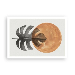 Poster - Monstera-Blatt und goldener Kreis auf hellem Hintergrund - 100x70cm - Immer die Sonne - Moderne Wanddekoration für Wohnzimmer und Schlafzimmer ARTTOR