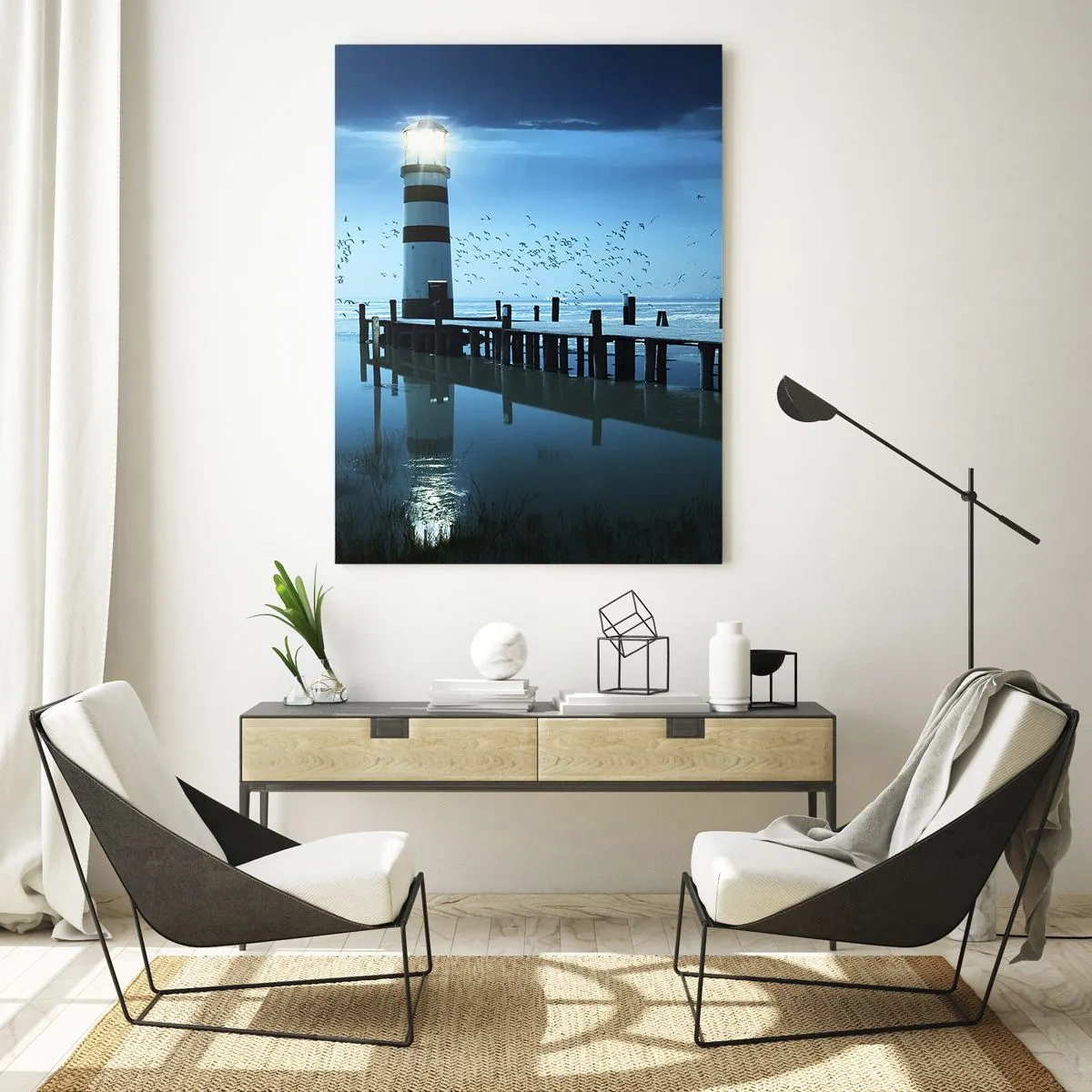 Glasbild - Bild auf glas - Ein Leuchtturm, umgeben von ruhigem Wasser und Vögeln - 50x70cm - Und du hast keine Angst vor der Dunkelheit - Moderne Wanddekoration für Wohnzimmer und Schlafzimmer ARTTOR