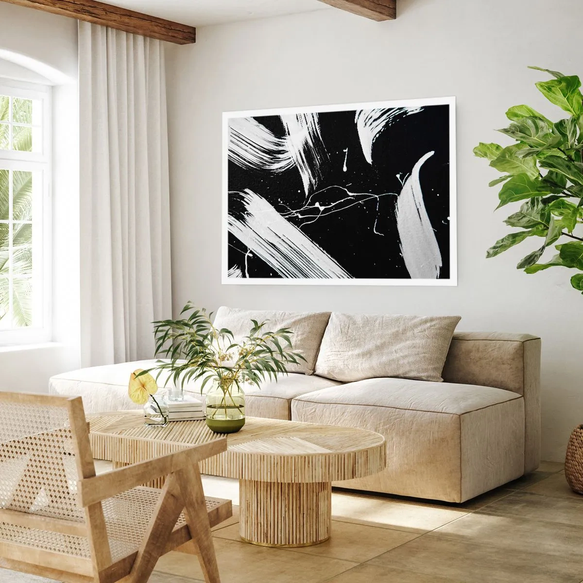 Poster - Abstrakte weiße Striche auf schwarzem Hintergrund - 100x70cm - Dunkelheit durchbrechen - Moderne Wanddekoration für Wohnzimmer und Schlafzimmer ARTTOR