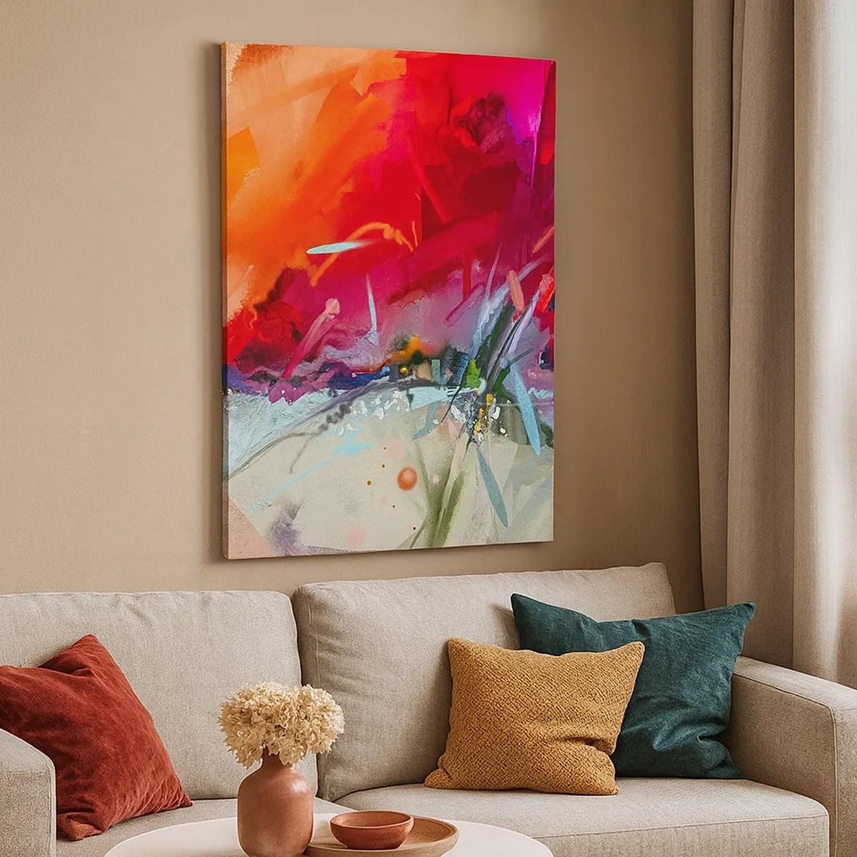 Bild auf Leinwand - Leinwandbild - Abstrakte Landschaft in intensiven Farben - 50x70cm - Eine Explosion von Lichtern und Farben - Moderne Wanddekoration für Wohnzimmer und Schlafzimmer ARTTOR