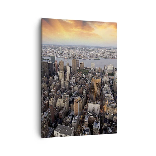 Bild auf Leinwand - Leinwandbild - Blick auf die Metropole mit der untergehenden Sonne - 50x70cm - Das schlagende Herz unserer Zeit - Moderne Wanddekoration für Wohnzimmer und Schlafzimmer ARTTOR