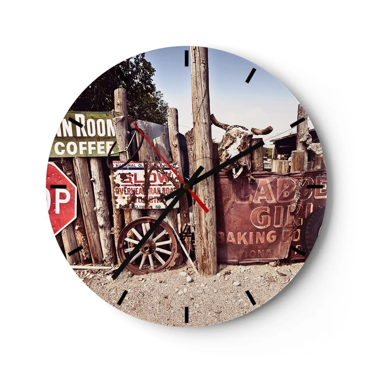 Wanduhr - Glasuhr - Rustikale Dekoration mit Holzrädern und einem Stierschädel - 30x30cm - Und die Zeit ist stehen geblieben - Moderne Wanddekoration für Wohnzimmer, Küche und Schlafzimmer ARTTOR