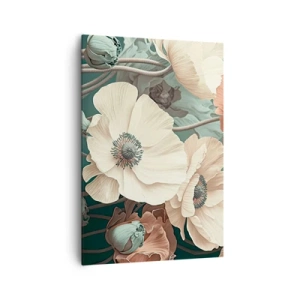 Bild auf Leinwand - Leinwandbild - Elegante Blumen in Pastelltönen auf grünem Hintergrund - 70x100cm - Flüstern von Mohnblumen - Moderne Wanddekoration für Wohnzimmer und Schlafzimmer ARTTOR