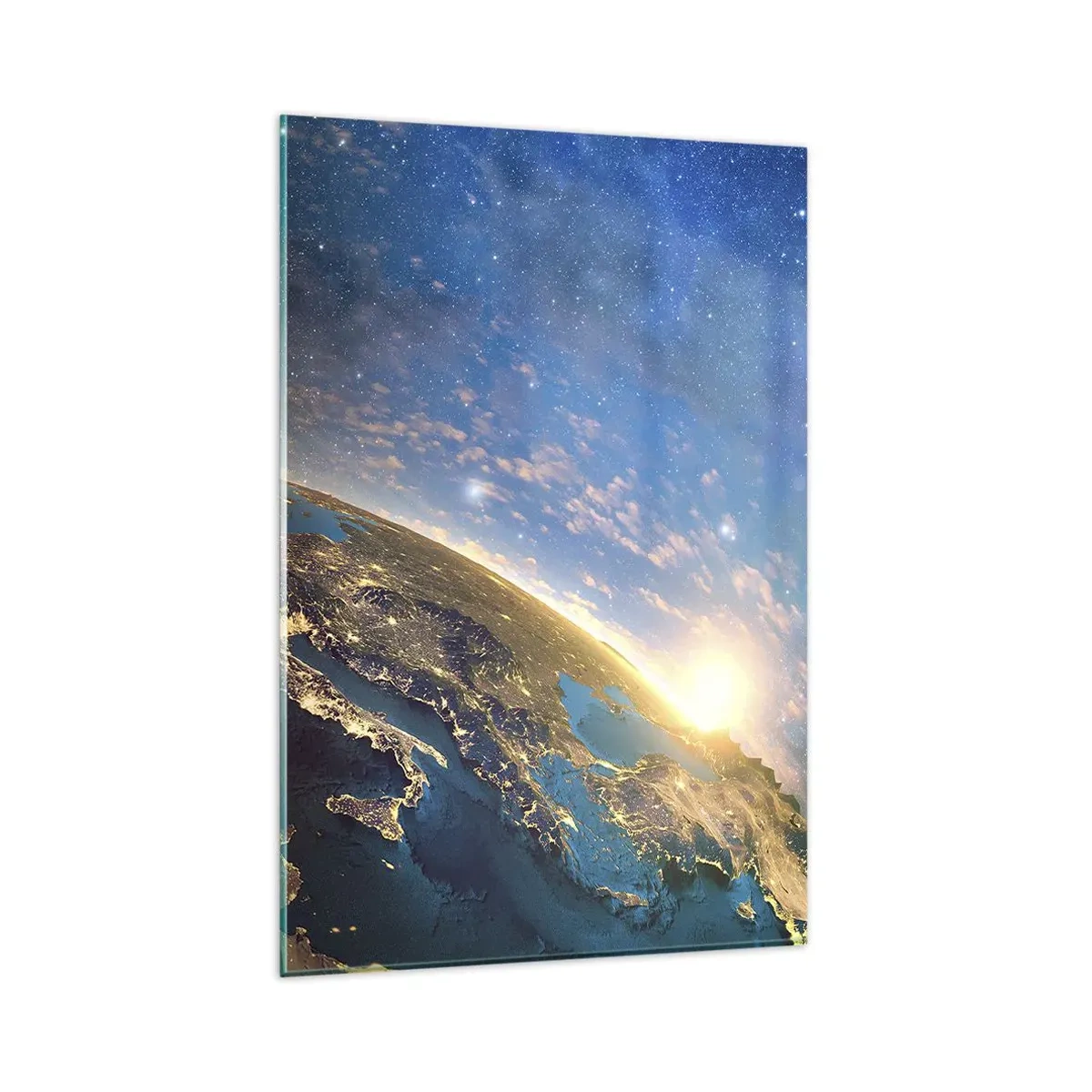 Glasbild - Bild auf glas - Blick auf die Erde aus dem Weltraum bei Sonnenaufgang - 80x120cm - Schauen wir uns aus der Ferne an - Moderne Wanddekoration für Wohnzimmer und Schlafzimmer ARTTOR