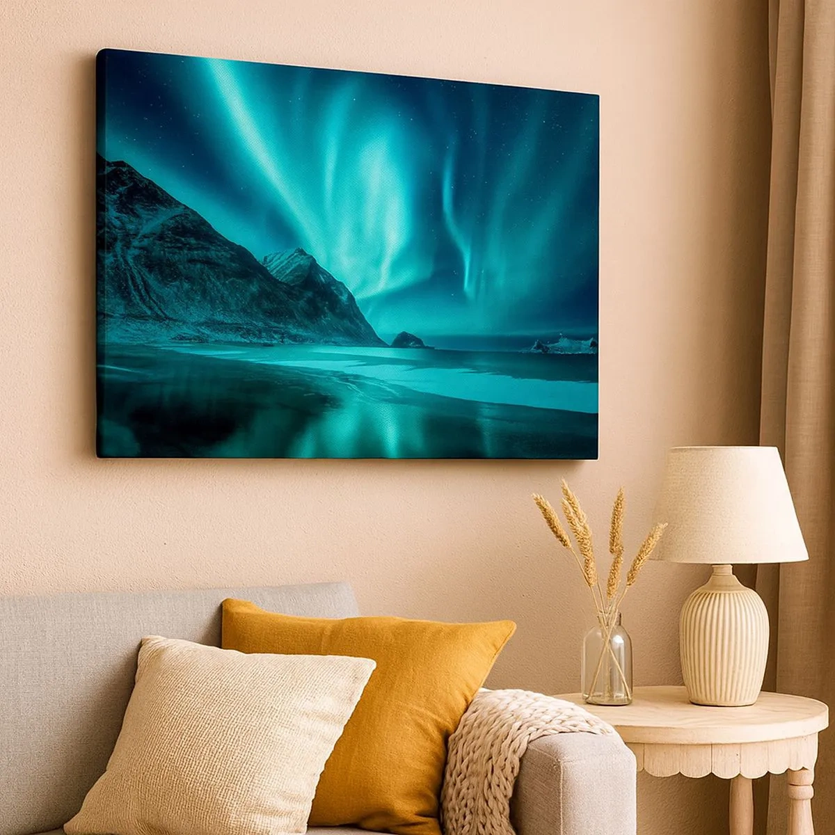 Bild auf Leinwand - Leinwandbild - Aurora Borealis über einer bergigen Winterlandschaft - 70x50cm - Wunder des Nordens - Moderne Wanddekoration für Wohnzimmer und Schlafzimmer ARTTOR