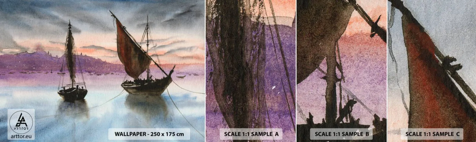 Fototapetenmuster Standard Eco - Abend am Hafen - Segelboote, Strand, Landschaft - 100x30 cm