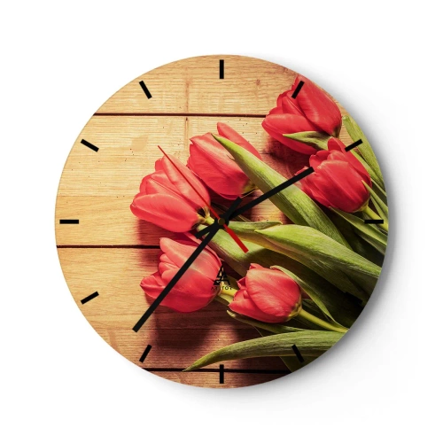 Wanduhr - Glasuhr - Rote Tulpen auf einem hölzernen Hintergrund - 30x30cm - Frühlingsgeständnis - Moderne Wanddekoration für Wohnzimmer, Küche und Schlafzimmer ARTTOR