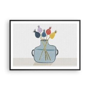 Poster in einem schwarzem Rahmen - Bunte Trockenblumen in einer Vase auf weißem Hintergrund - 100x70cm - Es ist mucksmäuschenstill - Moderne Wanddekoration für Wohnzimmer und Schlafzimmer ARTTOR