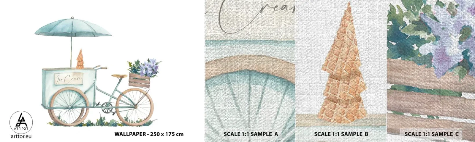 Fototapeten Muster Premium Canvas - Süße Erinnerung an den Sommer - Pastell, Eiscreme, Fahrrad - 100x30 cm