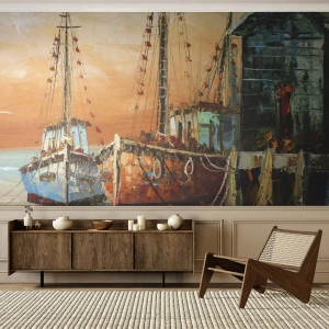 Fototapete Premium Sand - Ein malerischer Yachthafen mit Fischerbooten - 100x70cm - Friedliche Rückkehr - Moderne Wanddekoration für Wohnzimmer und Schlafzimmer ARTTOR