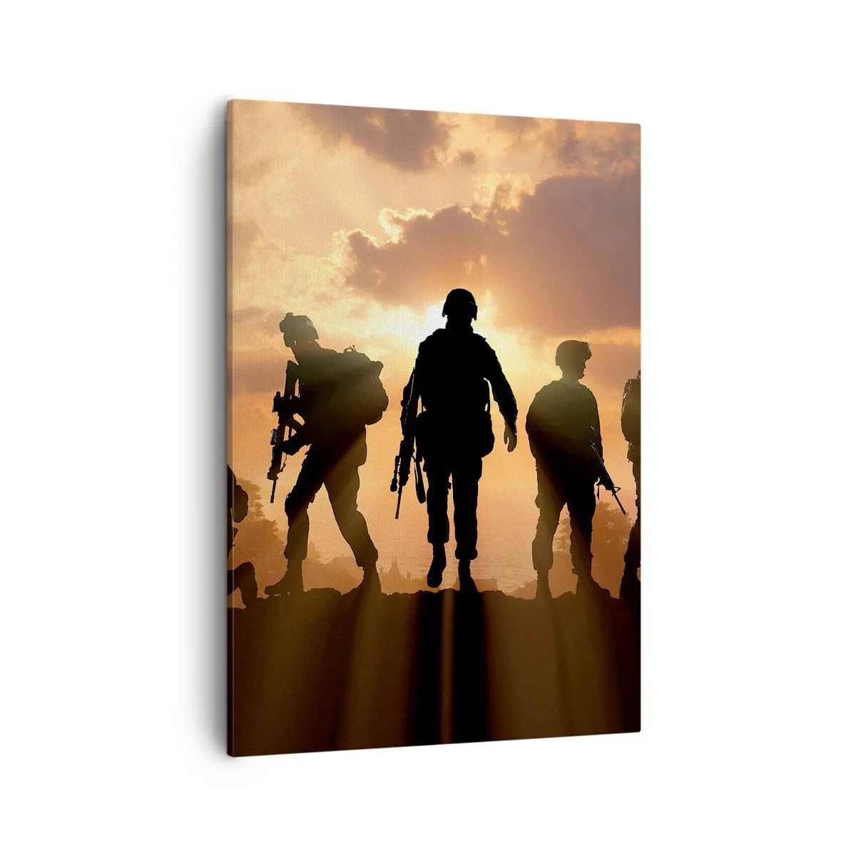 Bild auf Leinwand - Leinwandbild - Soldaten vor dem Hintergrund der untergehenden Sonne in einer dynamischen Umgebung - 50x70cm - Waffenbrüder - Moderne Wanddekoration für Wohnzimmer und Schlafzimmer ARTTOR