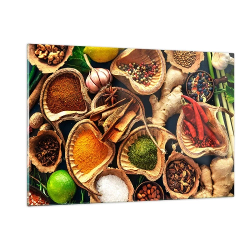 Glasbild - Bild auf glas - Bunte Gewürze in natürlichen Behältern mit Zusätzen - 120x80cm - Nimm was du willst - Moderne Wanddekoration für Wohnzimmer und Schlafzimmer ARTTOR