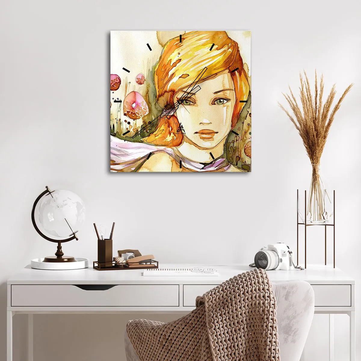 Wanduhr - Glasuhr - Porträt einer Frau in Aquarellfarben mit intensivem Blick - 30x30cm - Ein smaragdgrüner Look, der die Wut beruhigt - Moderne Wanddekoration für Wohnzimmer und Schlafzimmer ARTTOR