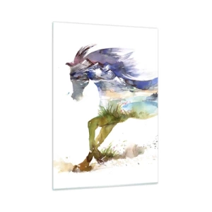 Glasbild - Bild auf glas - Aquarell eines Pferdes mit einer Berglandschaft in der Silhouette - 50x70cm - Von der Wiese direkt in den Himmel - Moderne Wanddekoration für Wohnzimmer und Schlafzimmer ARTTOR