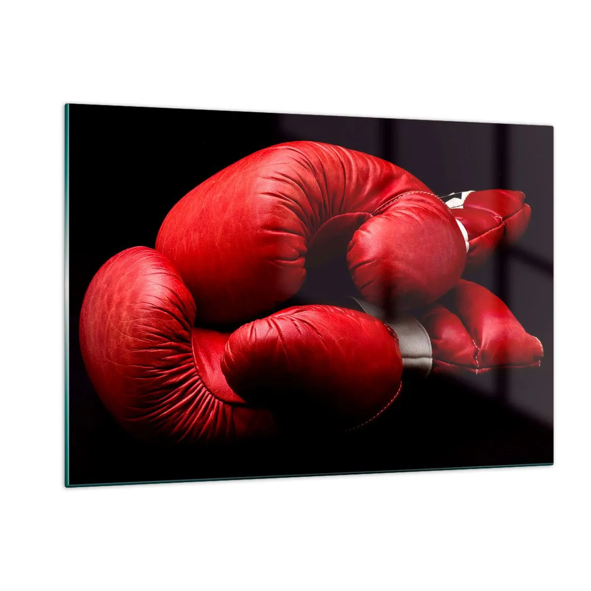 Glasbild - Bild auf glas - Rote Boxhandschuhe auf schwarzem Hintergrund - 120x80cm - Die Emotionen des Kampfes liegen hinter uns - Moderne Wanddekoration für Wohnzimmer und Schlafzimmer ARTTOR