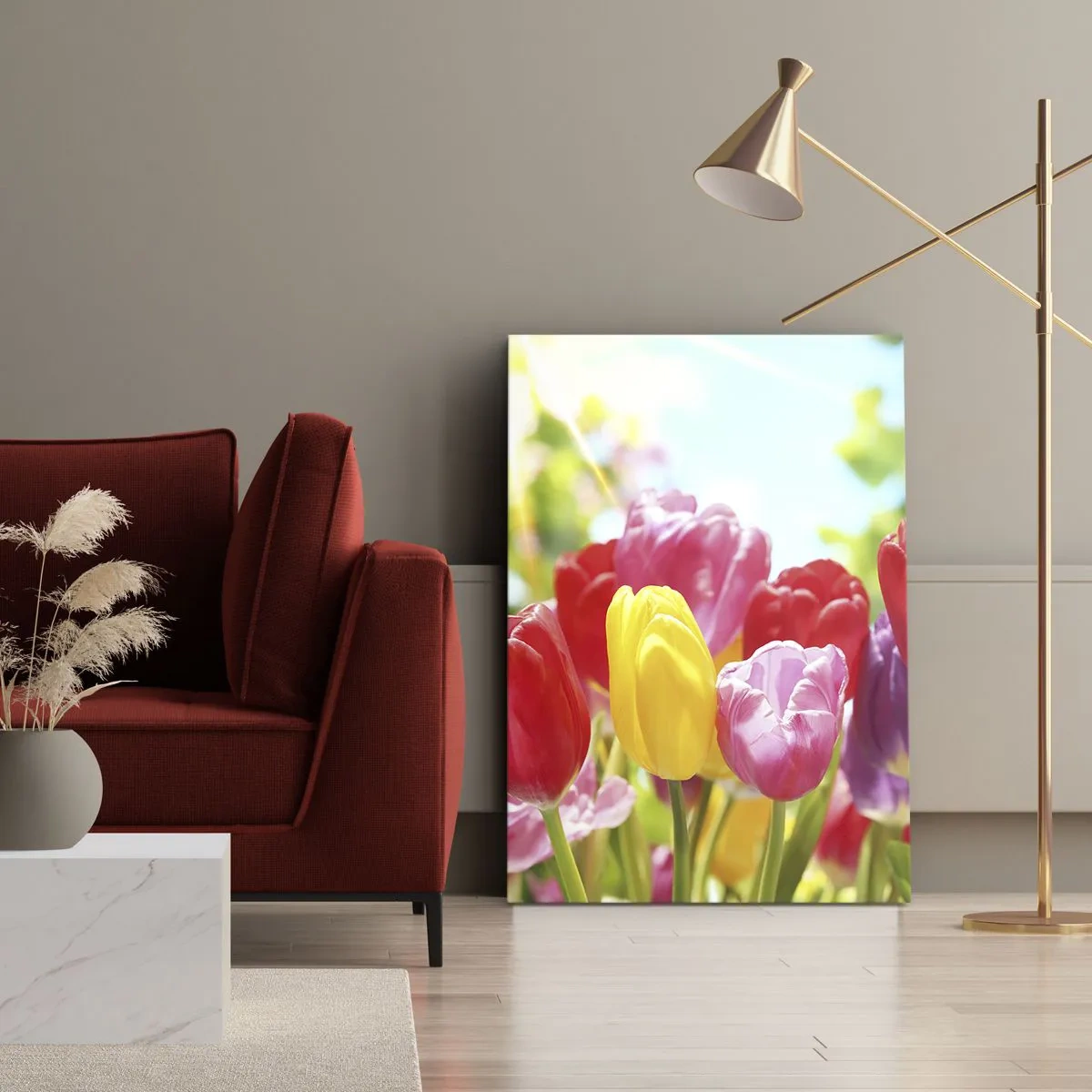 Bild auf Leinwand - Leinwandbild - Bunte Tulpen in voller Blüte vor einem Frühlingshintergrund - 70x100cm - Wir sind es, die Farben des Mais! - Moderne Wanddekoration für Wohnzimmer und Schlafzimmer ARTTOR