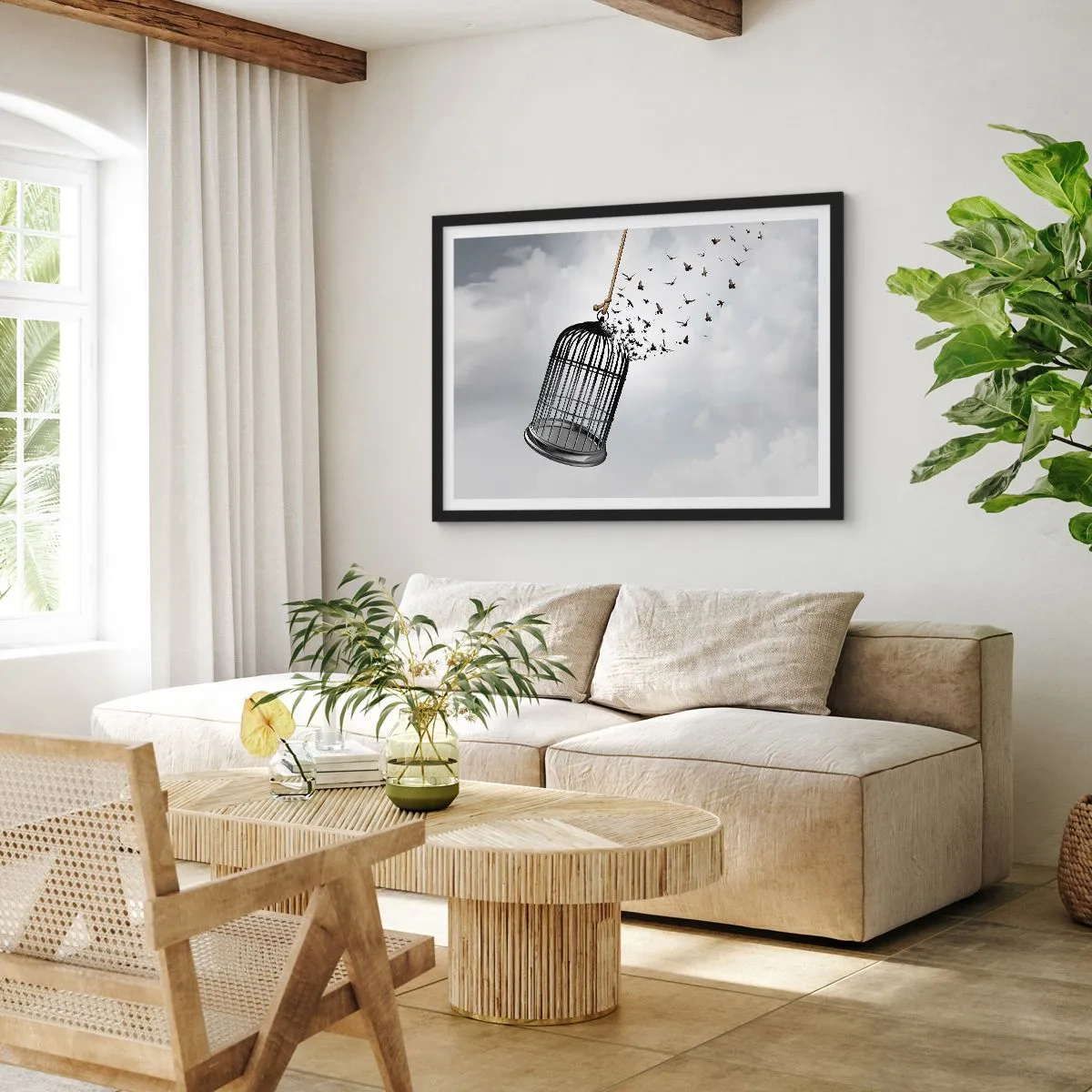 Poster in einem schwarzem Rahmen - Vögel fliegen aus einem Käfig gegen den Himmel - 100x70cm - Glaube ... Hoffnung ... Freiheit! - Moderne Wanddekoration für Wohnzimmer und Schlafzimmer ARTTOR