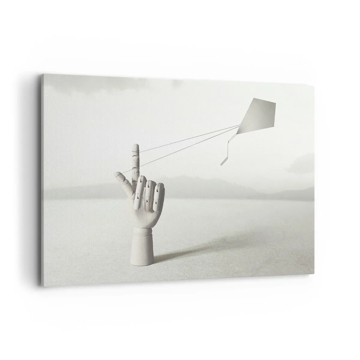 Bild auf Leinwand - Leinwandbild - Eine minimalistische Holzhand mit einem Drachen vor einem Landschaftshintergrund. - 100x70cm - Kraftprobe - Moderne Wanddekoration für Wohnzimmer und Schlafzimmer ARTTOR