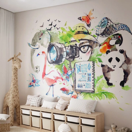 Fototapete Premium Canvas - In der Linse eines Reisenden - Abstraktion, Tiere, Fotograf - 250x175 cm
