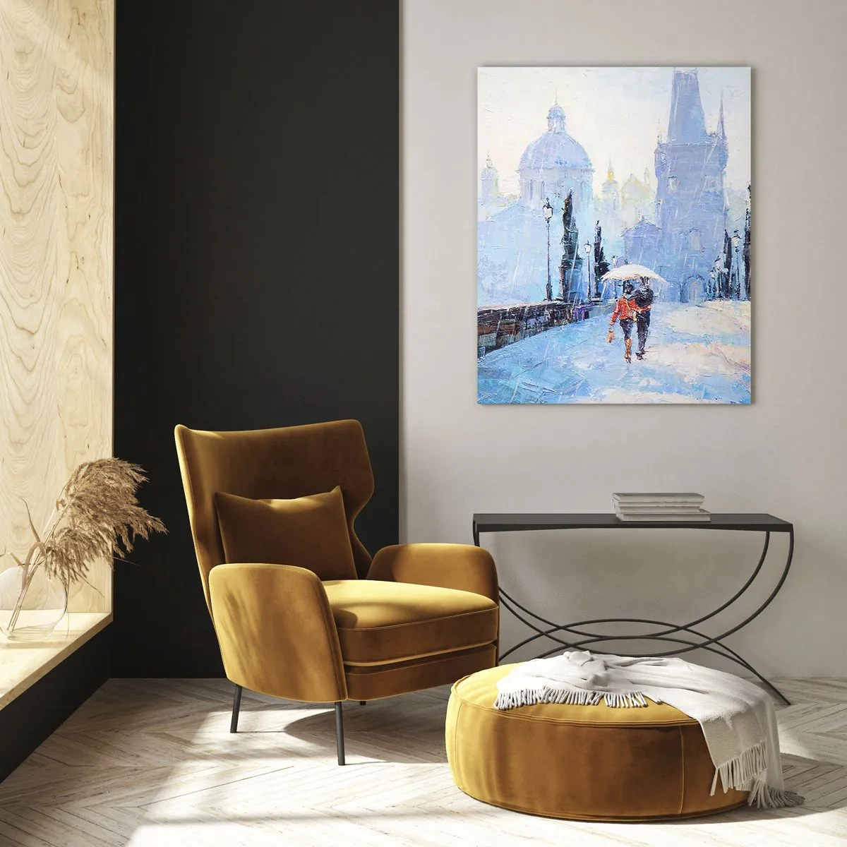 Glasbild - Bild auf glas - Romantisches Paar auf einer Brücke im Regen, eine malerische Szene - 70x100cm - Der Regen muss uns verzaubert haben - Moderne Wanddekoration für Wohnzimmer und Schlafzimmer ARTTOR