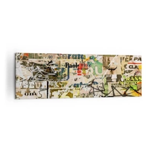 Bild auf Leinwand - Leinwandbild - Eine Collage aus Zeitungs- und Plakatfragmenten im künstlerischen Stil. - 160x50cm - Ach, es passiert... - Moderne Wanddekoration für Wohnzimmer und Schlafzimmer ARTTOR