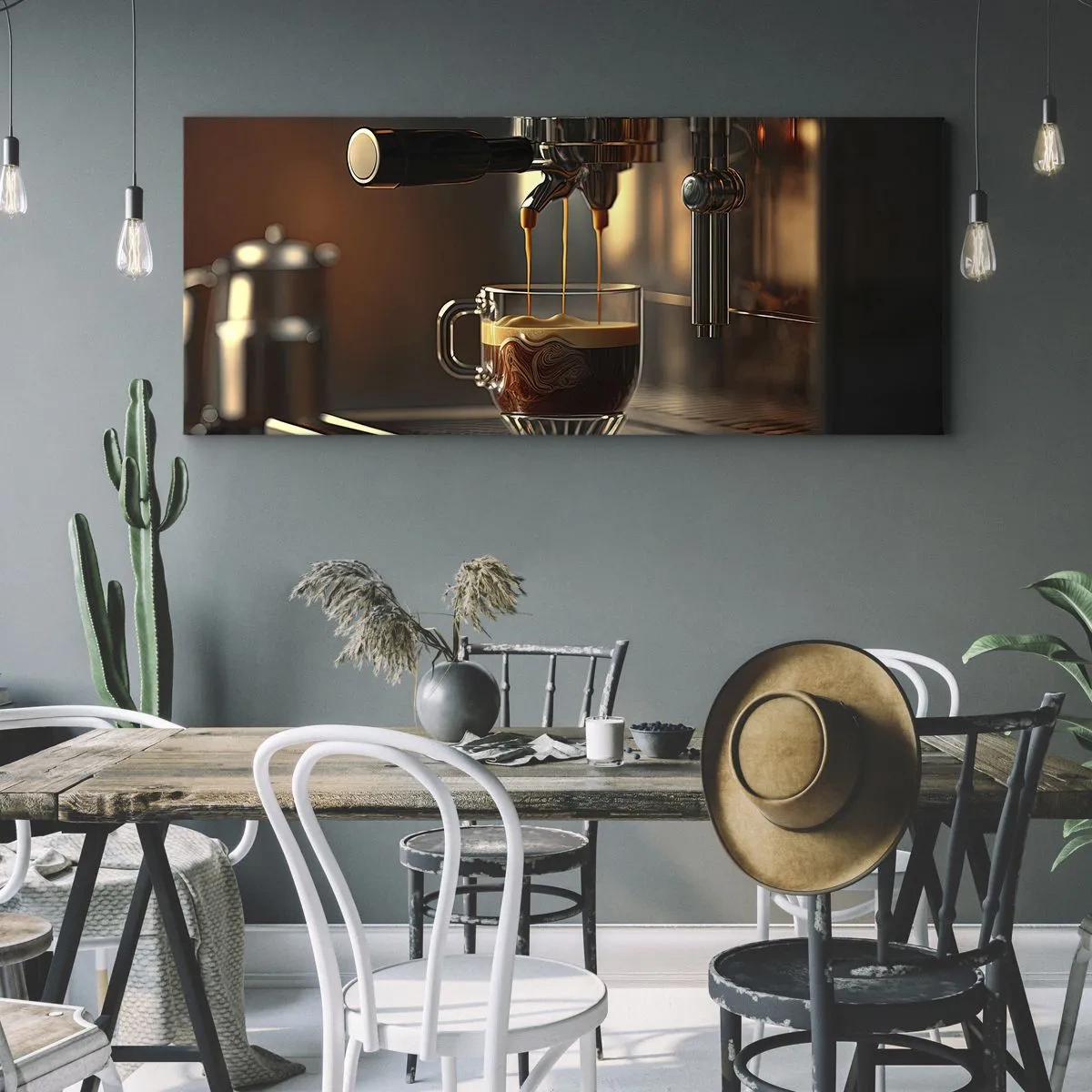 Bild auf Leinwand - Leinwandbild - Kaffeemaschine mit einer Tasse aromatischem Espresso - 160x50cm - Sinnliche Mischung - Moderne Wanddekoration für Wohnzimmer und Schlafzimmer ARTTOR