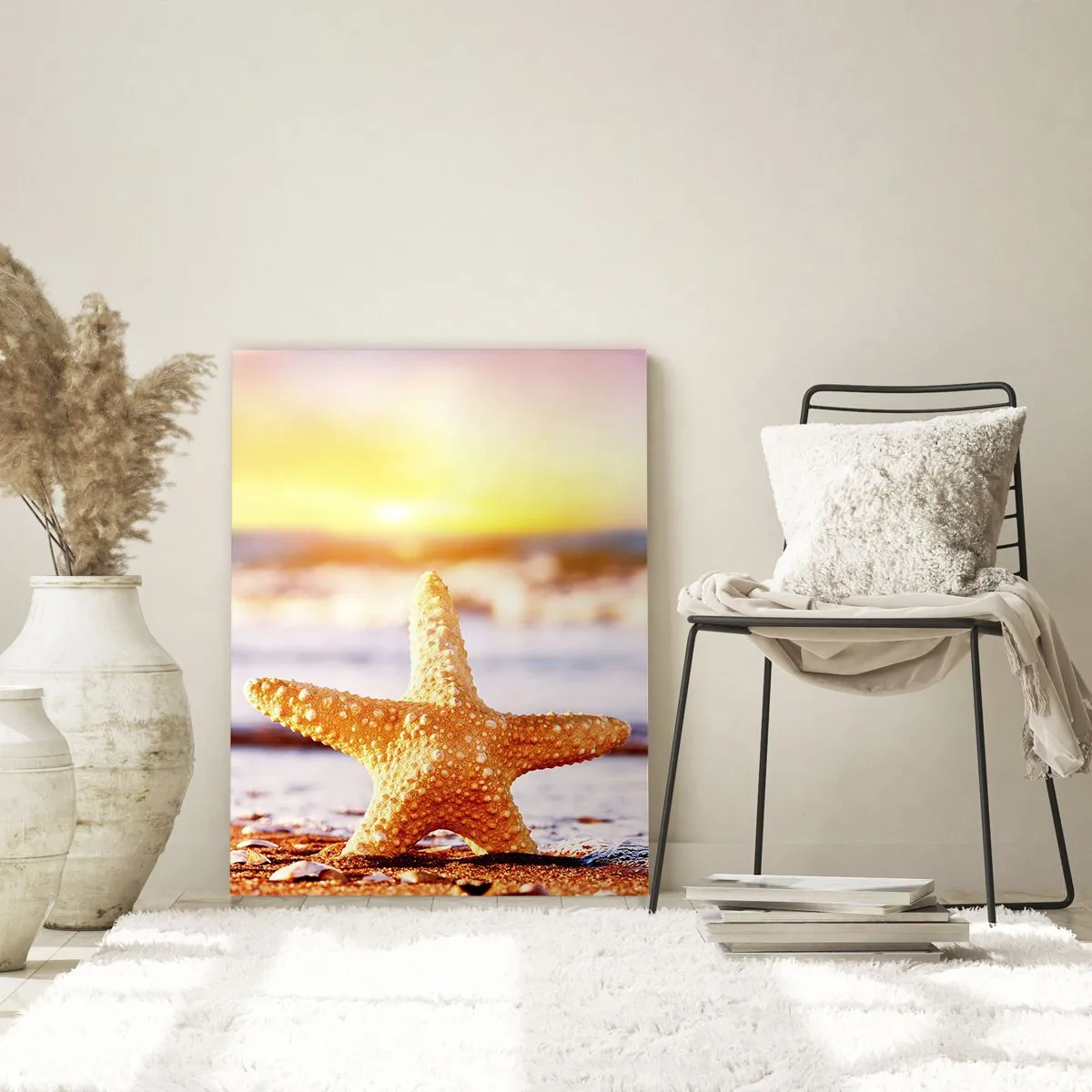 Glasbild - Bild auf glas - Ein Seestern an einem Sandstrand im Schein der untergehenden Sonne - 80x120cm - Meer Geschenk - Moderne Wanddekoration für Wohnzimmer und Schlafzimmer ARTTOR