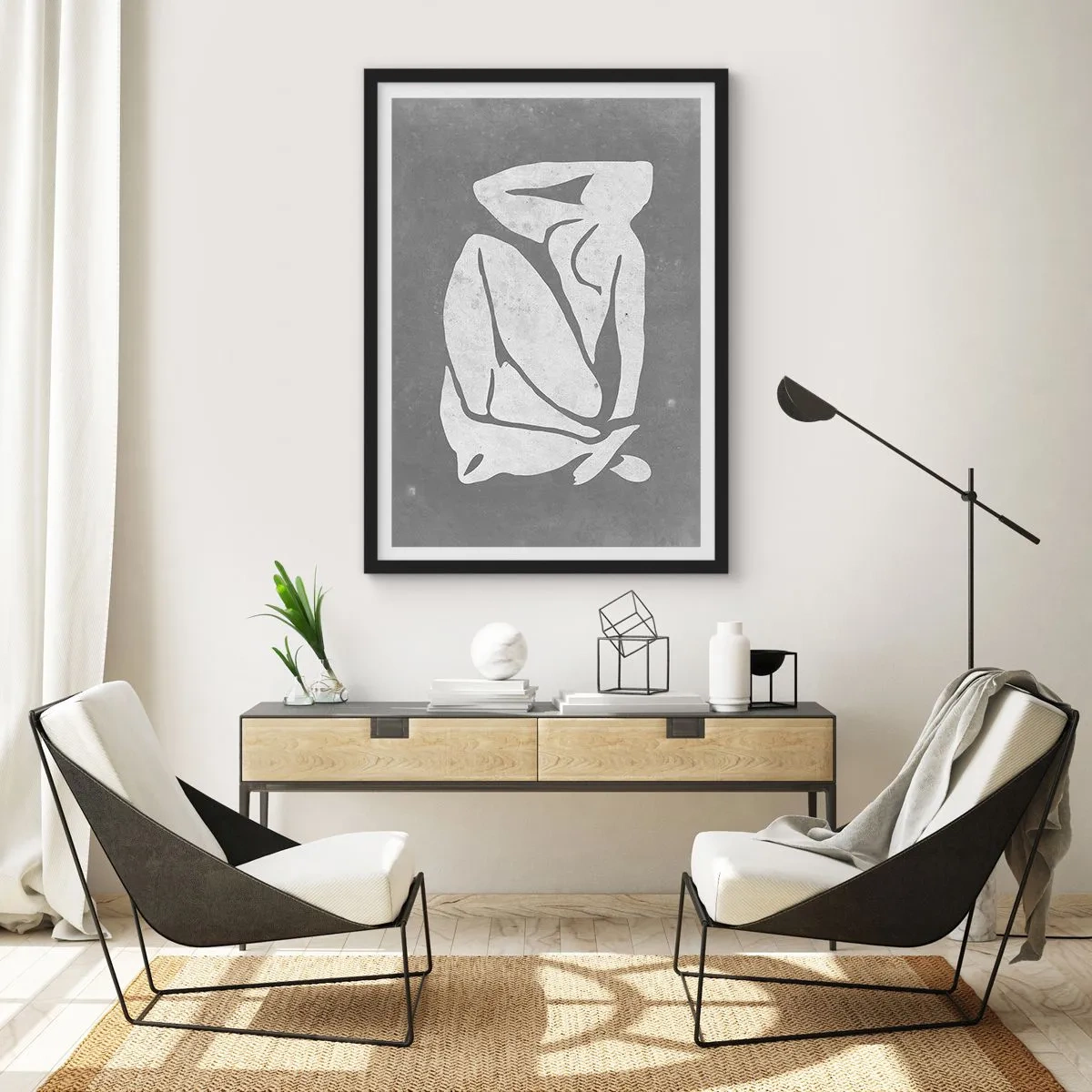 Poster in einem schwarzem Rahmen - Eine minimalistische Silhouette einer Frau in Grautönen - 50x70cm - In Gedanken versunken - Moderne Wanddekoration für Wohnzimmer und Schlafzimmer ARTTOR