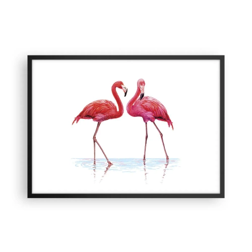 Poster in einem schwarzem Rahmen - Ein Flamingopaar im Wasser vor hellem Hintergrund - 70x50cm - Rosa randez-vous - Moderne Wanddekoration für Wohnzimmer und Schlafzimmer ARTTOR