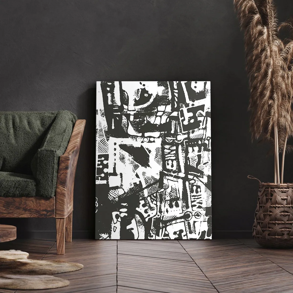 Bild auf Leinwand - Leinwandbild - Abstraktes monochromes Retro-Muster - 50x70cm - Ordnung oder Chaos? - Moderne Wanddekoration für Wohnzimmer und Schlafzimmer ARTTOR
