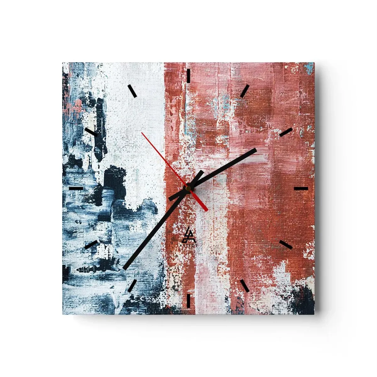 Wanduhr - Glasuhr - Abstraktion in Weiß-, Blau- und Ziegelfarben - 30x30cm - Fünfzig-Fünfzig abstrakt - Moderne Wanddekoration für Wohnzimmer und Schlafzimmer ARTTOR