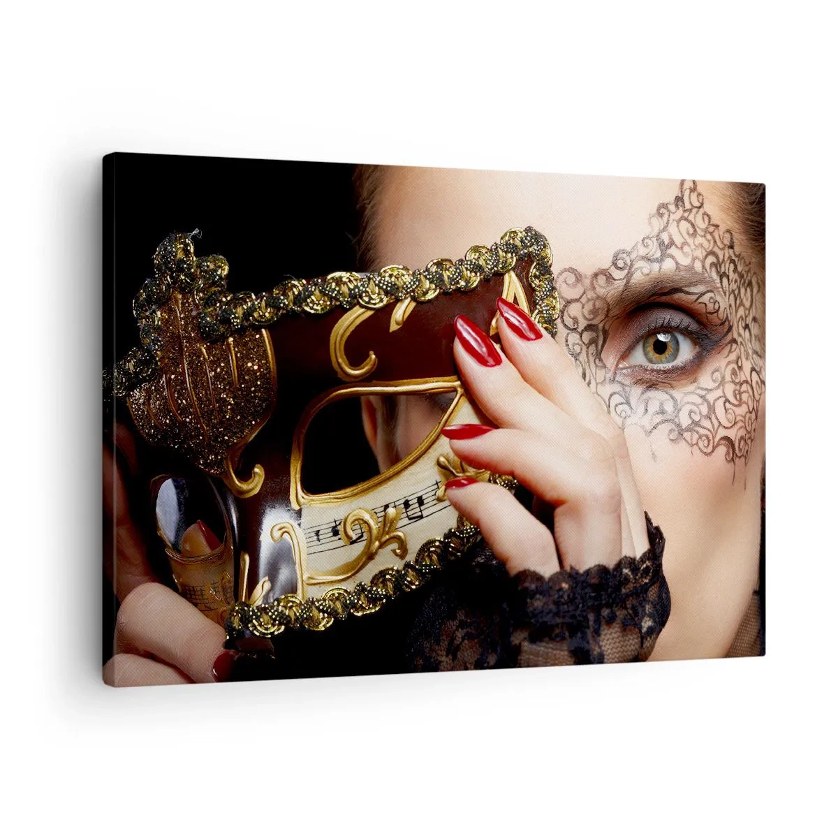Bild auf Leinwand - Leinwandbild - Eine Frau trägt eine mit Gold und Spitze verzierte venezianische Maske. - 70x50cm - Meine Welt ist barock - Moderne Wanddekoration für Wohnzimmer und Schlafzimmer ARTTOR