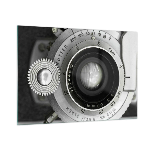 Glasbild - Bild auf glas - Eine Nahaufnahme eines alten Kameraobjektivs, voller Nostalgie und Vintage-Atmosphäre. - 100x70cm - Eine Story über Hollywood - Moderne Wanddekoration für Wohnzimmer und Schlafzimmer ARTTOR