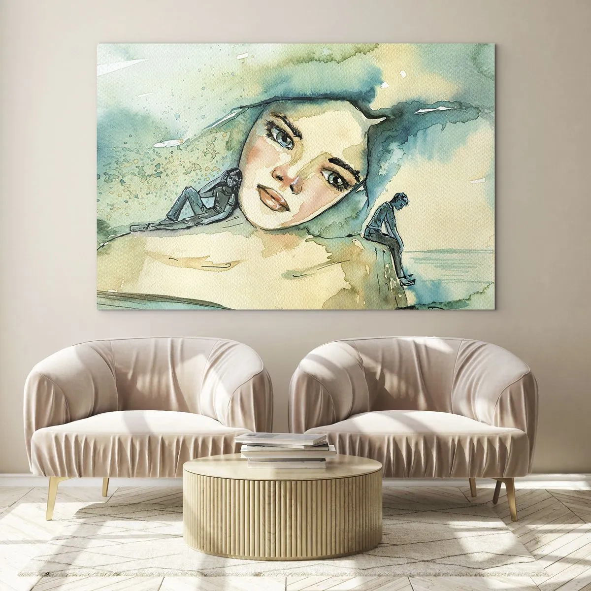 Glasbild - Bild auf glas - Porträt einer Frau im Aquarellstil mit Silhouetten von Figuren - 70x50cm - Bin ich blau? - Moderne Wanddekoration für Wohnzimmer und Schlafzimmer ARTTOR