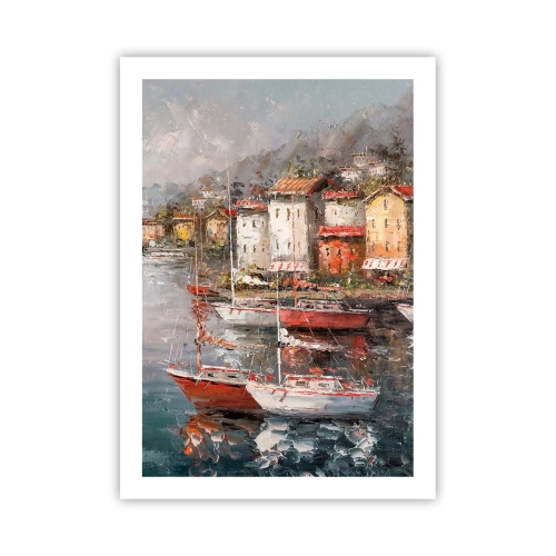 Poster - Ein malerischer Hafen mit Segelbooten im impressionistischen Stil - 50x70cm - Romantische Oase - Moderne Wanddekoration für Wohnzimmer und Schlafzimmer ARTTOR