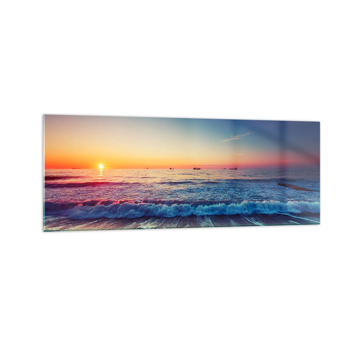 Glasbild - Bild auf glas - Sonnenuntergang über einem ruhigen Meer mit Wellen - 140x50cm - Was ist mit dem Horizont? - Moderne Wanddekoration für Wohnzimmer und Schlafzimmer ARTTOR