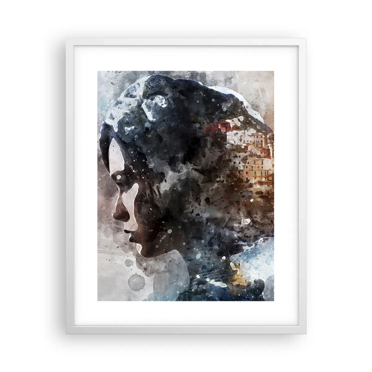 Poster in einem weißen Rahmen - Eine Geschichte über ein Mädchen mit einer Stadt im Hintergrund - 40x50 cm