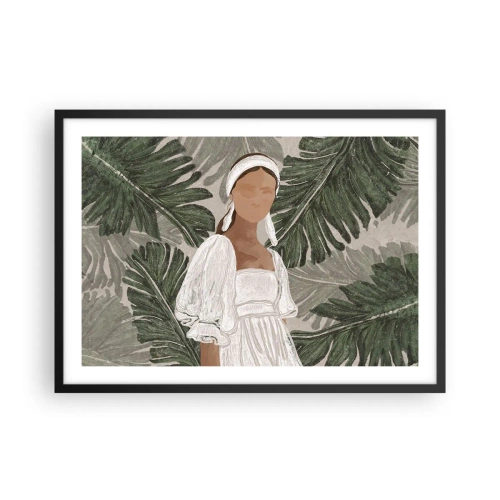 Poster in einem schwarzem Rahmen - Porträt einer Frau in einem weißen Kleid vor einem Hintergrund aus Monstera-Blättern - 70x50cm - Exotisches Porträt - Moderne Wanddekoration für Wohnzimmer und Schlafzimmer ARTTOR
