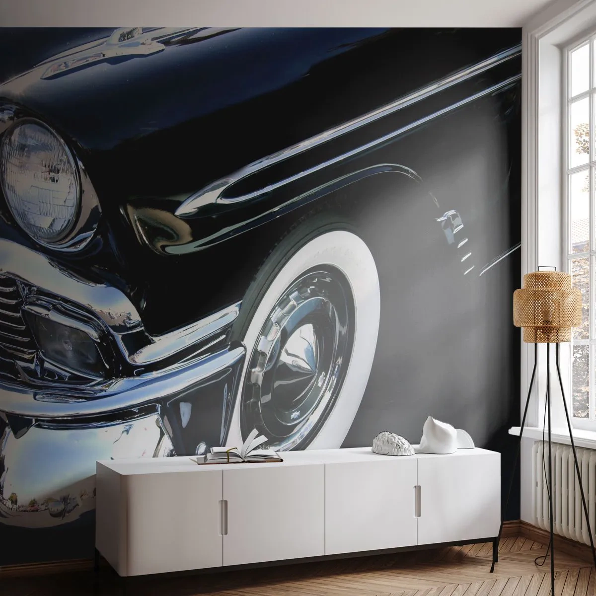 Fototapete Premium Sand - Klassiker in Silber, Schwarz und Weiß - Automobil, Auto, weiß und Schwarz - 350x256 cm