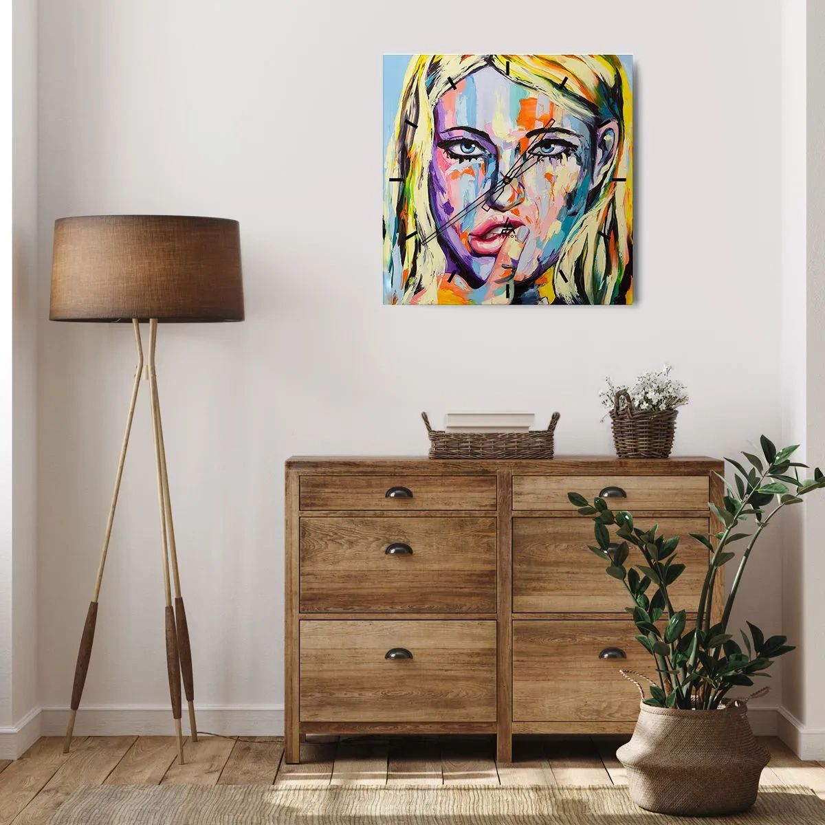 Wanduhr - Glasuhr - Farbenfrohes Porträt einer Frau im abstrakten Stil - 30x30cm - Schau ihr direkt in die Augen - Moderne Wanddekoration für Wohnzimmer und Schlafzimmer ARTTOR